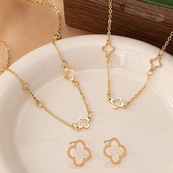 Set of Geometric Hollow Out Flower Chain Necklace, Bracelet, & Earrings - Picture 2 of 5